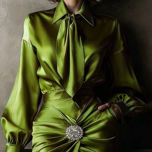 Satin Elegant Plain Shirt Collar Shirt, Blouses and Shirts, color:Green|size:XXL, Stylewe