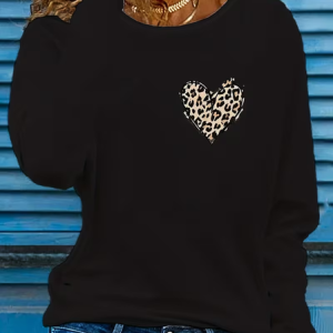 Women Leopard Long Sleeve Tee T-shirt Crew Neck Printing Casual Spring/Fall Graphic Tee Top, JustFashionNow T-Shirts, color:Black|size:XXL,