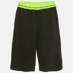 Balmain Kids Black/Neon Green Logo Waistband Cotton Shorts 16Yrs, Clothing - Luxury Closet