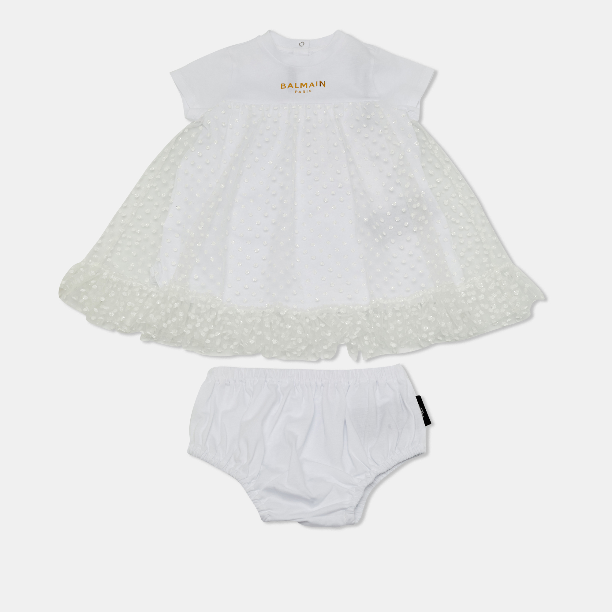 Balmain Kids White Polka Dots Gillter Cotton and Tulle Set 9M, Clothing - Luxury Closet