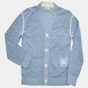 Burberry Kids Blue Rib Knit Buttoned Cardigan 8Yrs, Clothing - Luxury Closet