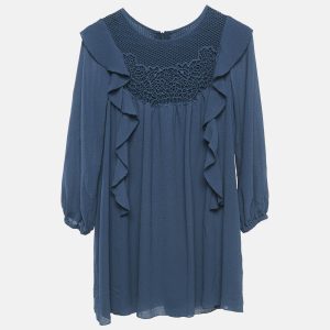 Chloe Blue Crepe Ruffled Lace Overlay Detail Dress 10 Yrs, Clothing - Luxury Closet