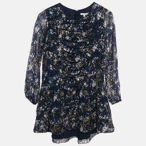 Chloe Kids Navy Blue Floral Print Fil-Coupe Silk Blend Ruffled Dress 12 Yrs, Clothing - Luxury Closet