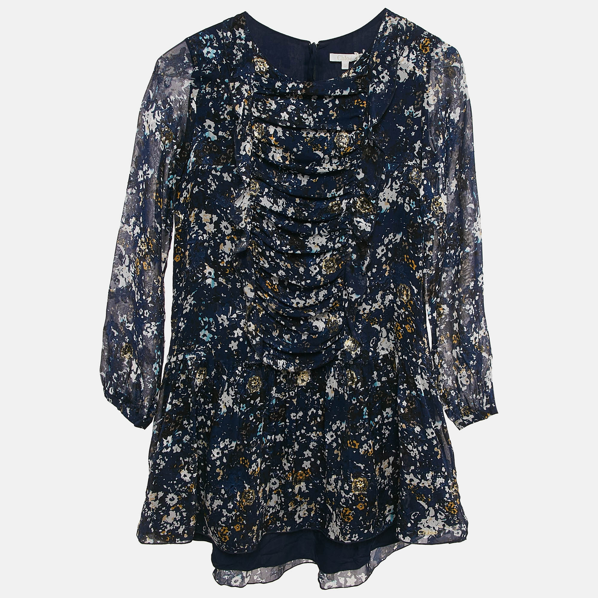 Chloe Kids Navy Blue Floral Print Fil-Coupe Silk Blend Ruffled Dress 12 Yrs, Clothing - Luxury Closet