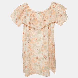 Chloe Kids Orange/Multicolor Floral Print Cotton Off-Shoulder Dress 10 Yrs, Clothing - Luxury Closet