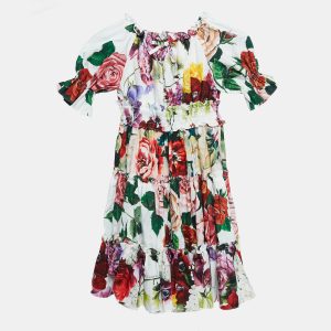 Dolce & Gabbana Kids White/Red Floral Print Poplin Tiered Dress 6 Yrs, Clothing - Luxury Closet