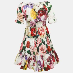 Dolce & Gabbana Kids White/Red Floral Print Poplin Tiered Dress 7-8 Yrs, Clothing - Luxury Closet