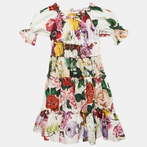 Dolce & Gabbana Kids White/Red Floral Print Poplin Tiered Dress 4 Yrs, Clothing - Luxury Closet