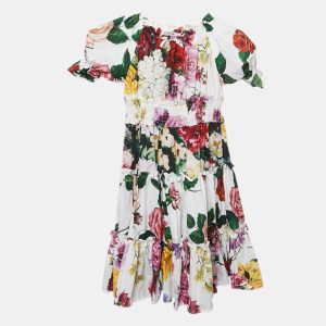 Dolce & Gabbana Kids Multicolor Floral Print Poplin Shirring Detail Dress 7/8 Yrs, Clothing - Luxury Closet