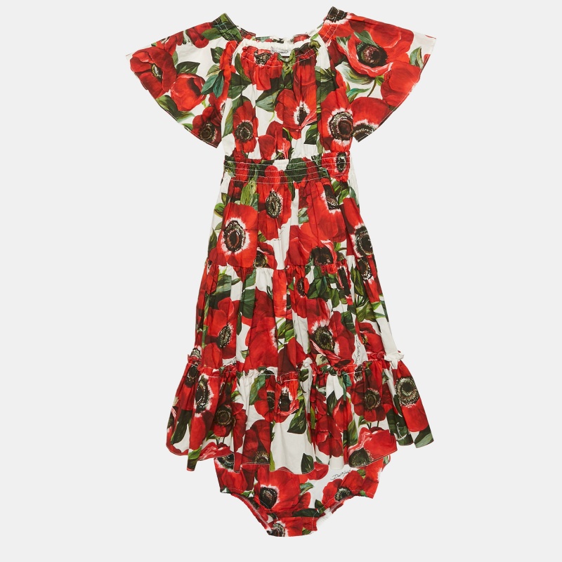 Dolce & Gabbana Kids Red Floral Print Cotton Tiered Dress and Shorts Set 24-30 M, Clothing - Luxury Closet