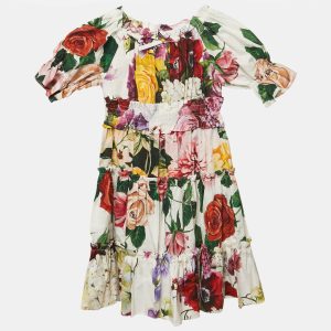 Dolce & Gabbana Kids White Floral Print Cotton Tiered Dress 3 Yrs, Clothing - Luxury Closet