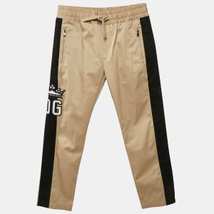 Dolce & Gabbana Kids Beige/Black Logo Applique Gabardine Trousers 7/8 Yrs, Clothing - Luxury Closet