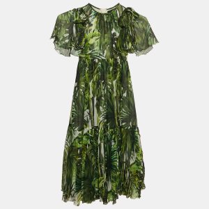 Dolce & Gabbana Green Tropical Print Silk Flounce Dress 7/8 Yrs, Clothing - Luxury Closet
