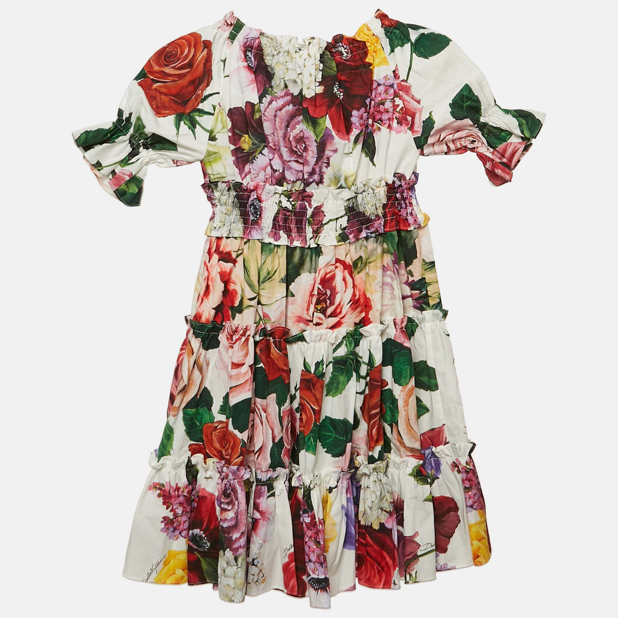 Dolce & Gabbana Kids White Floral Print Cotton Tiered Dress 4 Yrs, Clothing - Luxury Closet