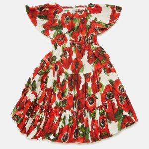 Dolce & Gabbana Kids Red Floral Print Poplin Tiered Dress 24-30M, Clothing - Luxury Closet