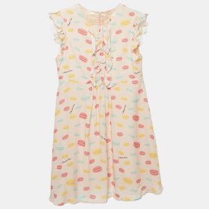 Elisabetta Franchi Kids Pink Macaroon Print Crepe Ruffled Dress XL, Clothing - Luxury Closet