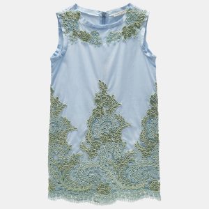 Ermanno Scervino Junior Blue Cotton Lace Patch Detail Sleeveless Dress 6 Yrs, Clothing - Luxury Closet