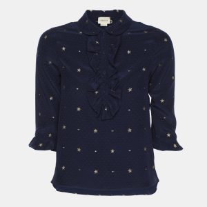 Gucci Navy Blue Silk Star Embroidered Ruffled Blouse 10Y, Clothing - Luxury Closet