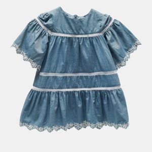 Moncler Kids Blue Cotton Eyelet Embroidered Dress 4 Yrs, Clothing - Luxury Closet