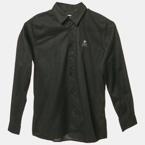 Philipp Plein Junior Black Cotton Button Front Shirt 10 Yrs, Clothing - Luxury Closet