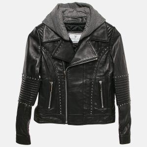 : Philipp Plein Junior Black Studded Leather Detachable Hood Biker Jacket 8 Yrs, Clothing - Luxury Closet