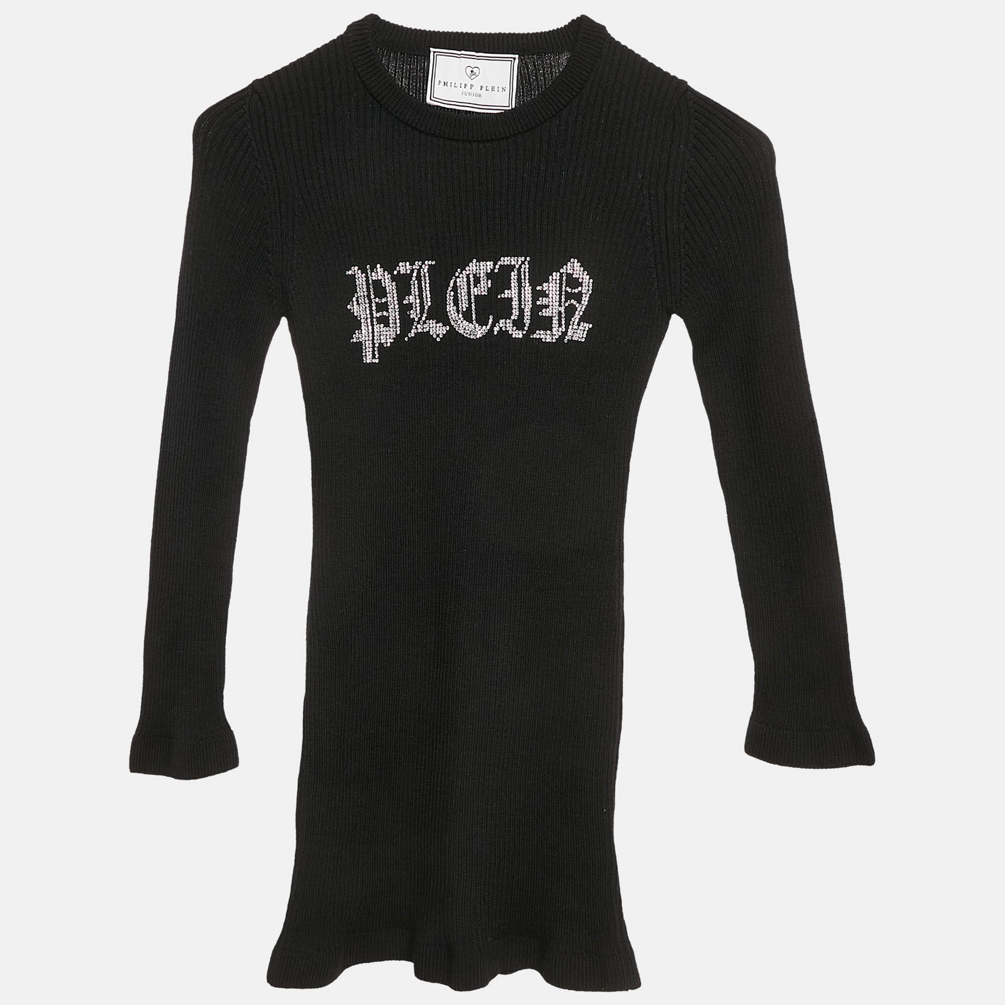 Philipp Plein Junior Black Crystal Embellished Rib Knit Day Dress 8 Yrs, Clothing - Luxury Closet