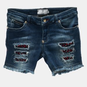 Philipp Plein Kids Middle Blue Studded Denim Distressed Shorts 10 Yrs, Clothing - Luxury Closet