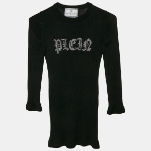 Philipp Plein Junior Black Crystal Embellished Rib Knit Wool Bodycon Dress 8 Yrs, Clothing - Luxury Closet