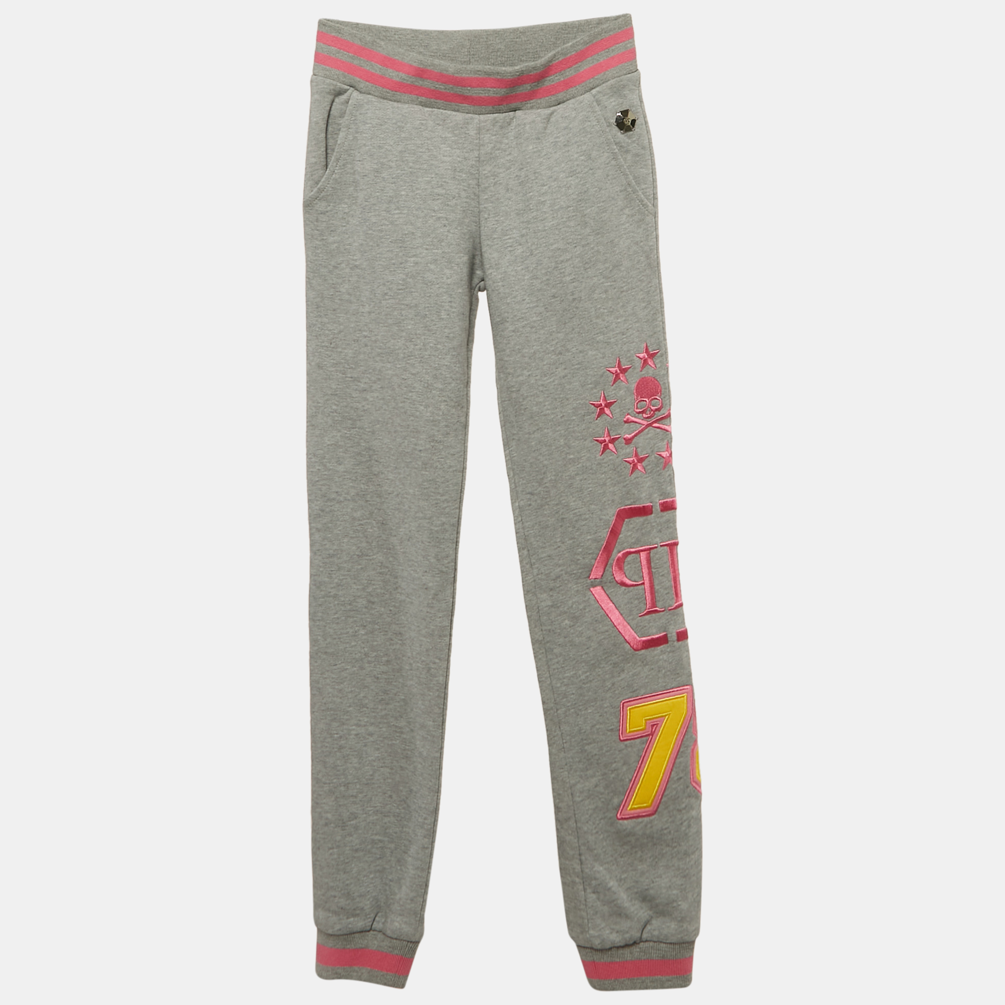 Philipp Plein Junior Grey Embroidered Cotton Knit Joggers 8 Yrs, Clothing - Luxury Closet