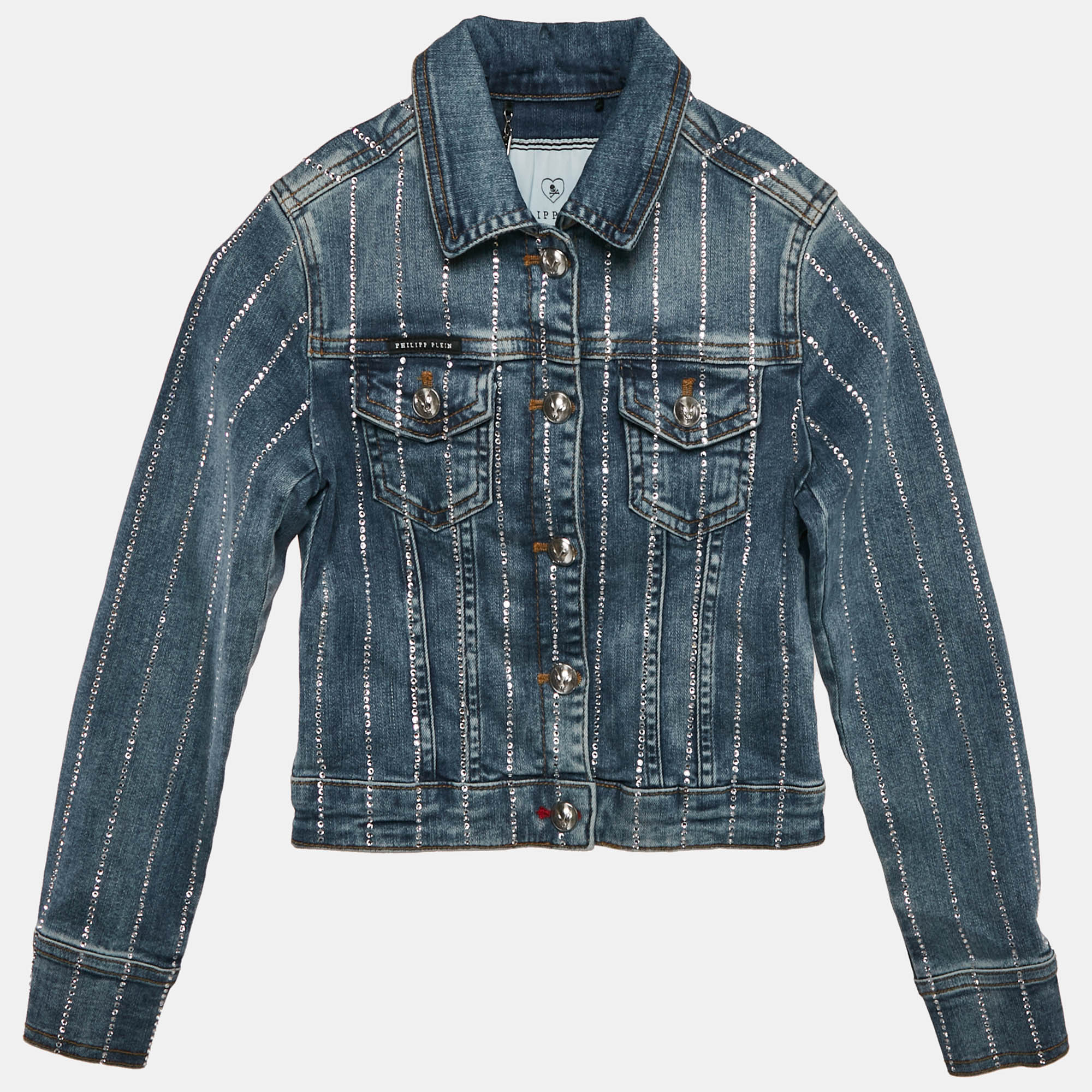 Philipp Plein Junior Blue Studded Denim Button Front Shelly Jacket 6 Yrs, Clothing - Luxury Closet