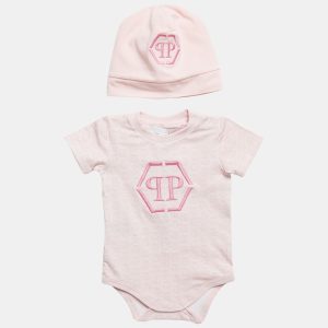 Philipp Plein Pink Printed Jersey Romper and Cap Set 6-9M, Clothing - Luxury Closet