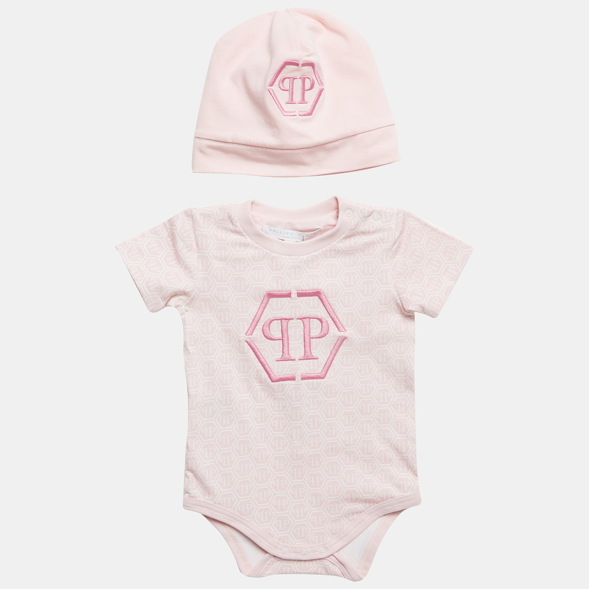 Philipp Plein Kids Pink Printed Jersey Romper and Cap Set 6-9M, Clothing - Luxury Closet