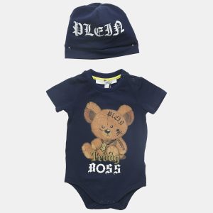 Philipp Plein Junior Navy Blue Teddy Print Cotton Romper Set 3-6M, Clothing - Luxury Closet