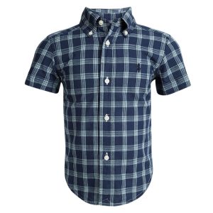 Ralph Lauren Navy Blue Checked Cotton Short Sleeve Buttondown Shirt 2 Yrs, Clothing - Luxury Closet