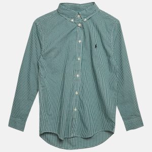 Ralph Lauren Kids Evergreen/White Gingham Cotton Long Sleeve Shirt XL (18-20), Clothing - Luxury Closet