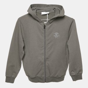 Roberto Cavalli Grey Logo Embroidery Cotton Knit Zip-Up Hooded Jacket 8 Yrs, Clothing - Luxury Closet