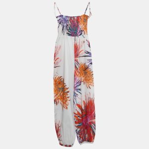 Roberto Cavalli Kids White/Orange Floral Print Cotton Shirring Jumpsuit 10 Yrs, Clothing - Luxury Closet