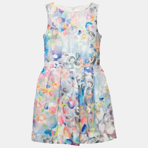 Simonetta Multicolor Abstract Print Crepe Pleated Sleeveless Dress 12 Yrs, Clothing - Luxury Closet