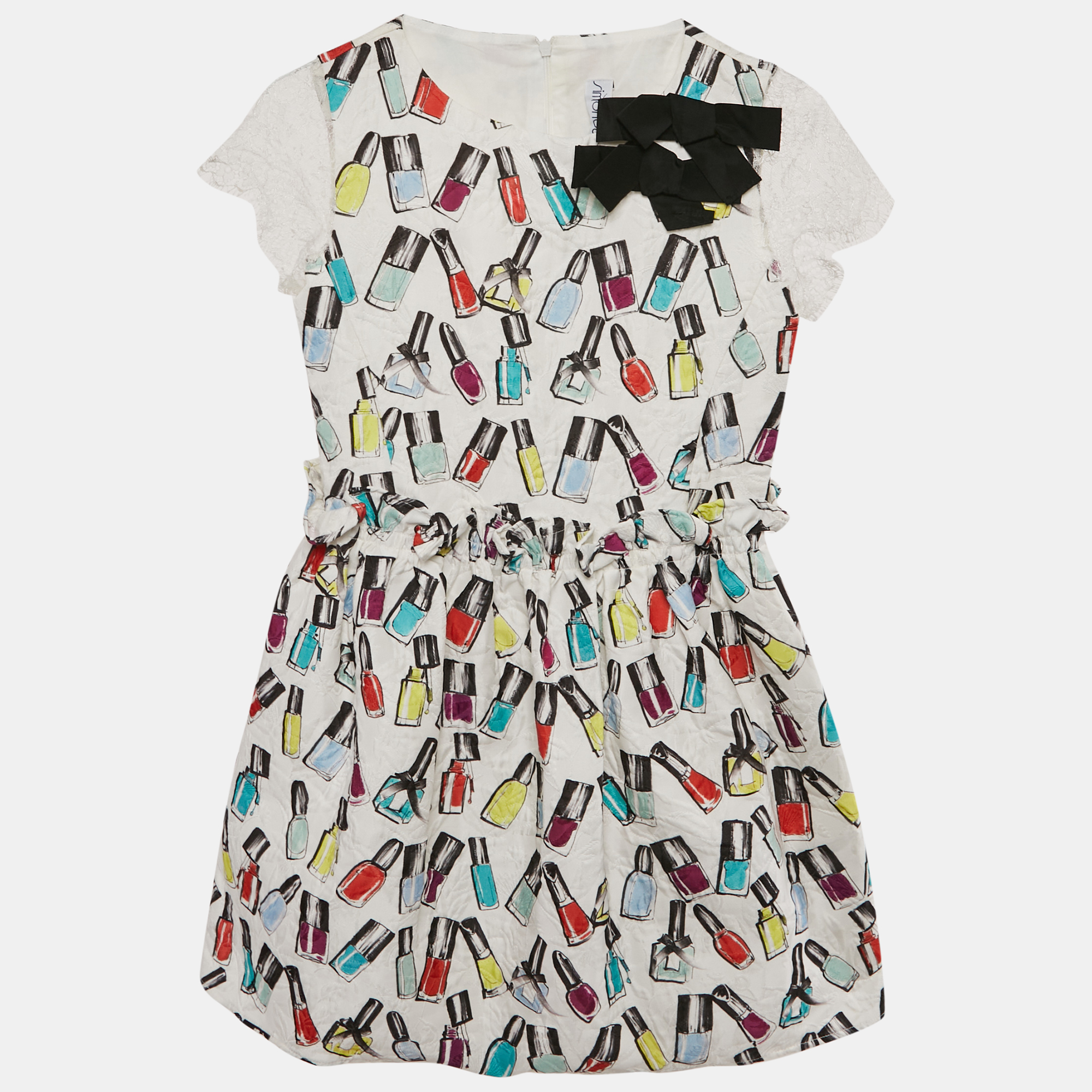 Simonetta White Jacquard Nail Paint Print Ruffled Sleeveless Dress 12 Yrs, Clothing - Luxury Closet