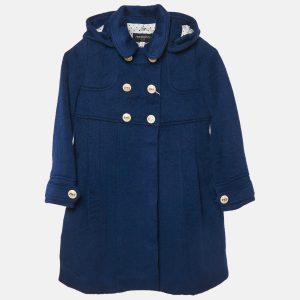 Simonetta Kids Navy Blue Wool Detachable Hood Double Breasted Coat 6 Yrs, Clothing - Luxury Closet