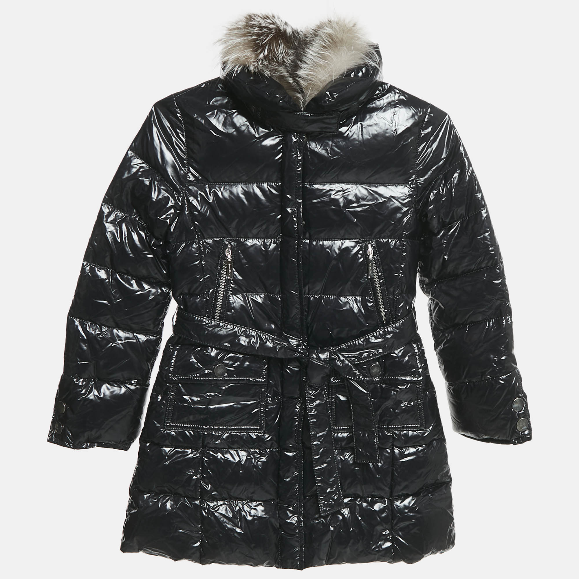 Simonetta Kids Black Nylon Detachable Fur Belted Down Jacket 8 Yrs, Clothing - Luxury Closet