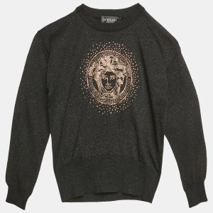 Versace Kids Black Lurex Knit Medusa Embellished Sweatshirt 8 Yrs, Clothing - Luxury Closet