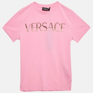 Versace Kids Pink Logo Studded Cotton Crew Neck T-Shirt 10 Yrs, Clothing - Luxury Closet