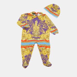 Versace Baby Yellow/Purple Barocco Print Jersey Babygrow Set 12/18M, Clothing - Luxury Closet