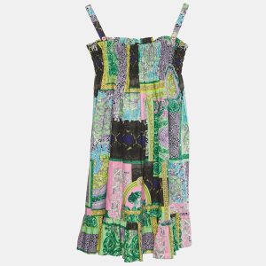 Versace Kids Green Barocco Print Cotton Shirring Dress 8Yrs, Clothing - Luxury Closet