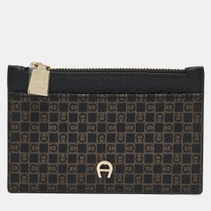 Aigner Black Monogram Coated Canvas and Leather Daniele Zip Card Holder, Wallets & Money Clips - Luxury Closet