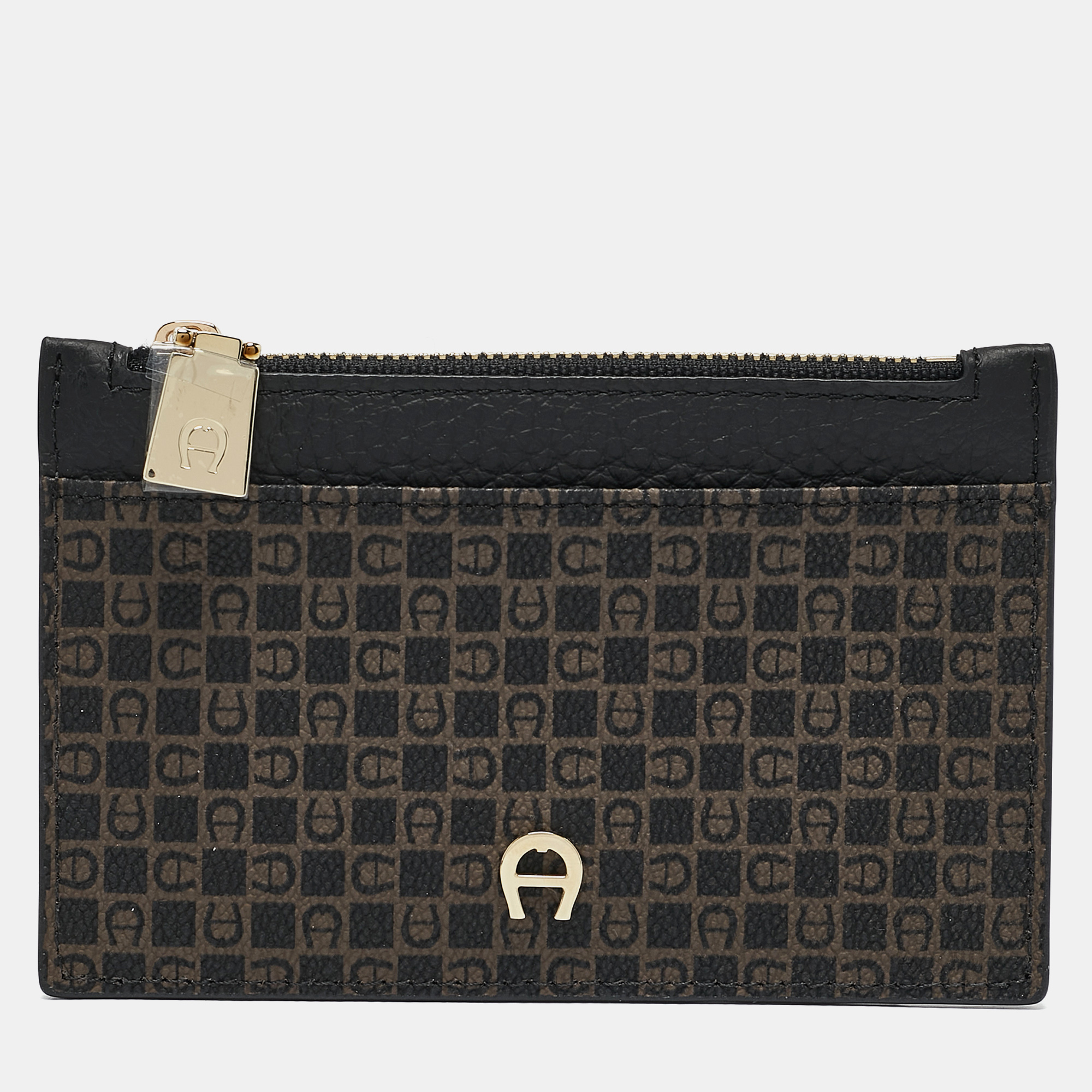 Aigner Black Monogram Coated Canvas and Leather Daniele Zip Card Holder, Wallets & Money Clips - Luxury Closet