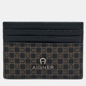 Aigner Black/Brown Monogram Coated Canvas and Leather Card Holder, Wallets & Money Clips - Luxury Closet