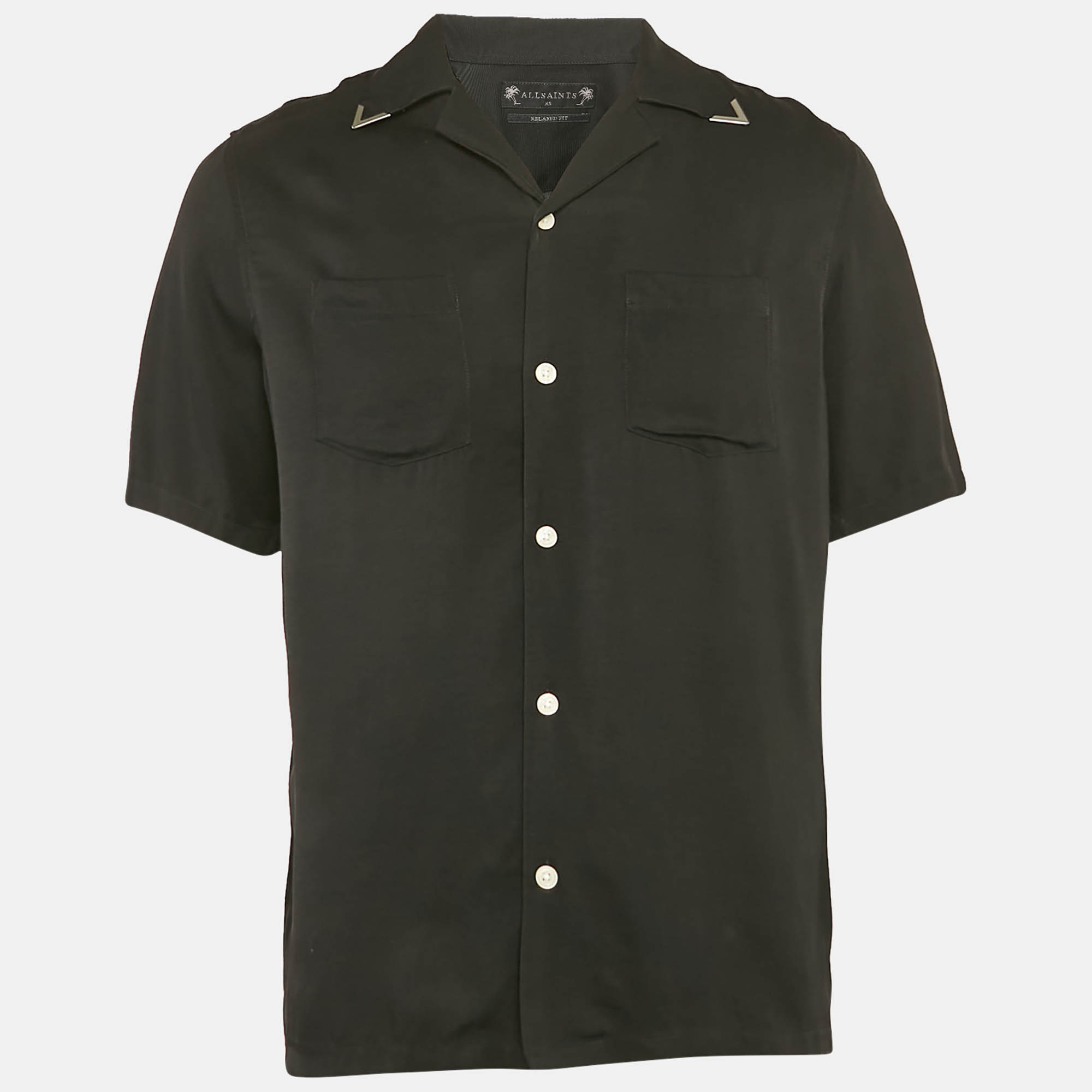 All Saints Black Gabardine Relaxed Fit Button Front Shirt XS, Shirts & Tops - Luxury Closet
