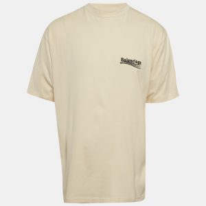 Balenciaga Cream Logo Embroidered Cotton Knit Oversized T-Shirt S, Shirts & Tops - Luxury Closet